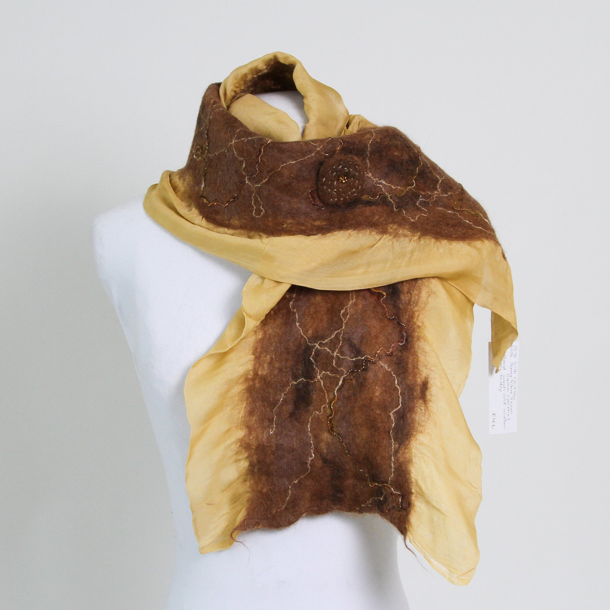 Brown felted scarf with gold chiffon trim