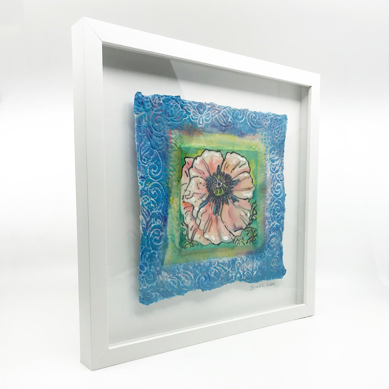 Encaustic painting of a pale pink poppy