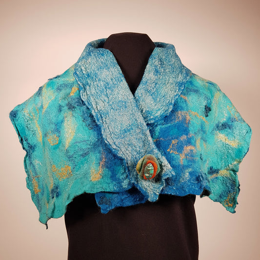 Blue and yellow cowl with pin