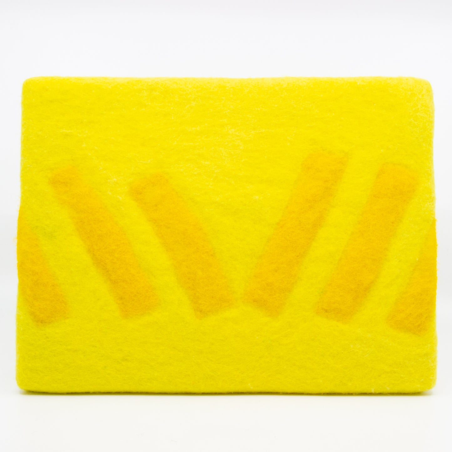 Yellow felted wall hanging with abstract shapes