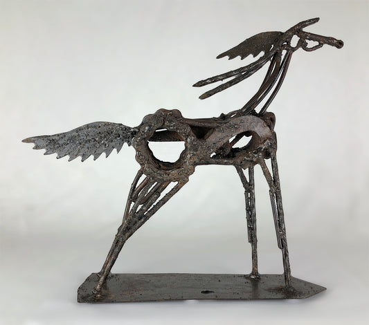 Sculpture of a horse made from repurposed metal
