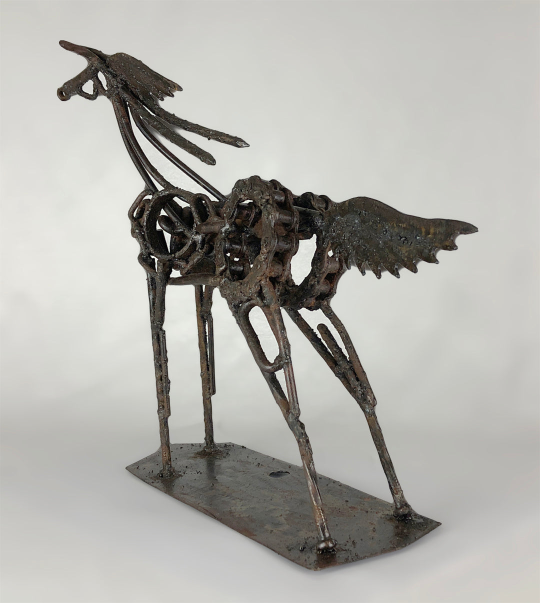 Sculpture of a horse made from repurposed metal
