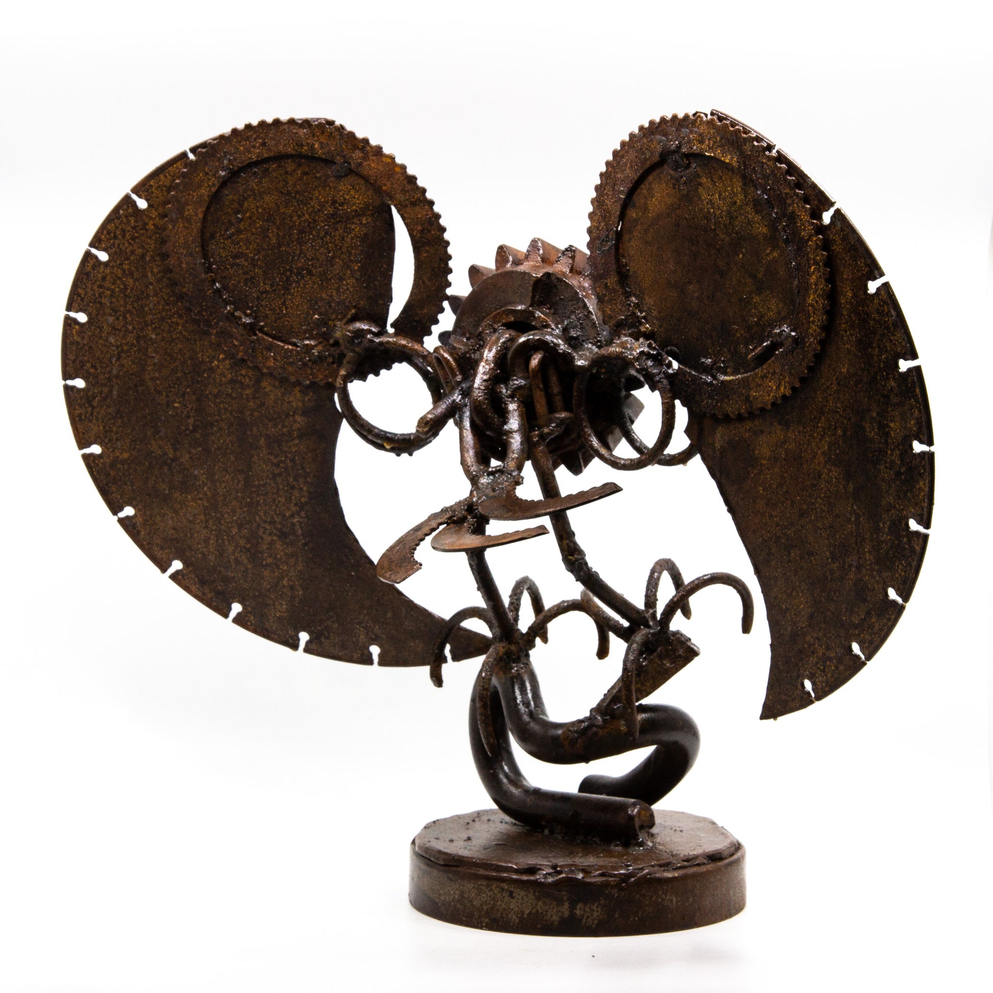 Sculpture of an owl made from repurposed metal