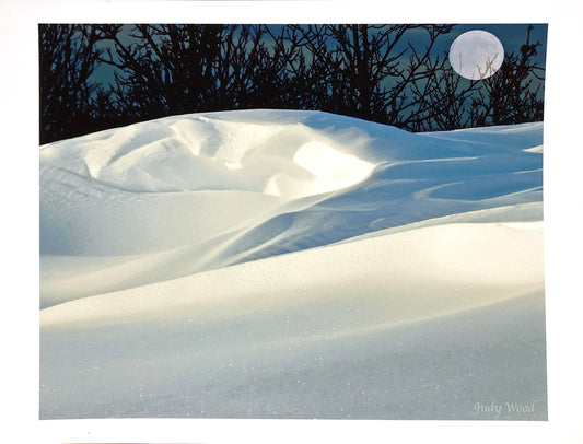 Photograph of a snow bank under a full moon