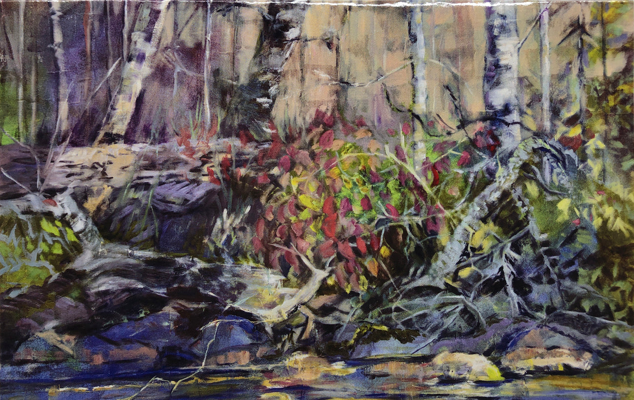 Painting of the lake side, trees, rocks and roots