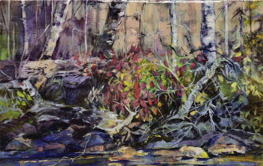 Painting of the lake side, trees, rocks and roots