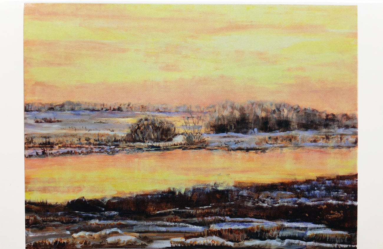 Painting of winter river back at sunset