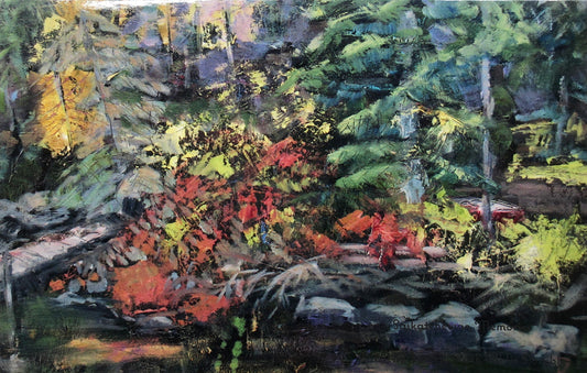 Acrylic painting of forest on lake side