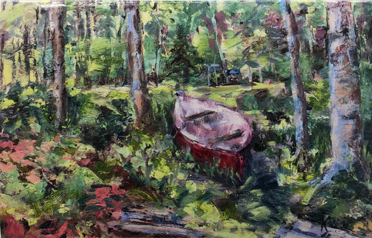 Painting of a red canoe in the forest