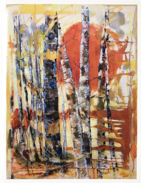 Painting of a red tree behind poplar trees