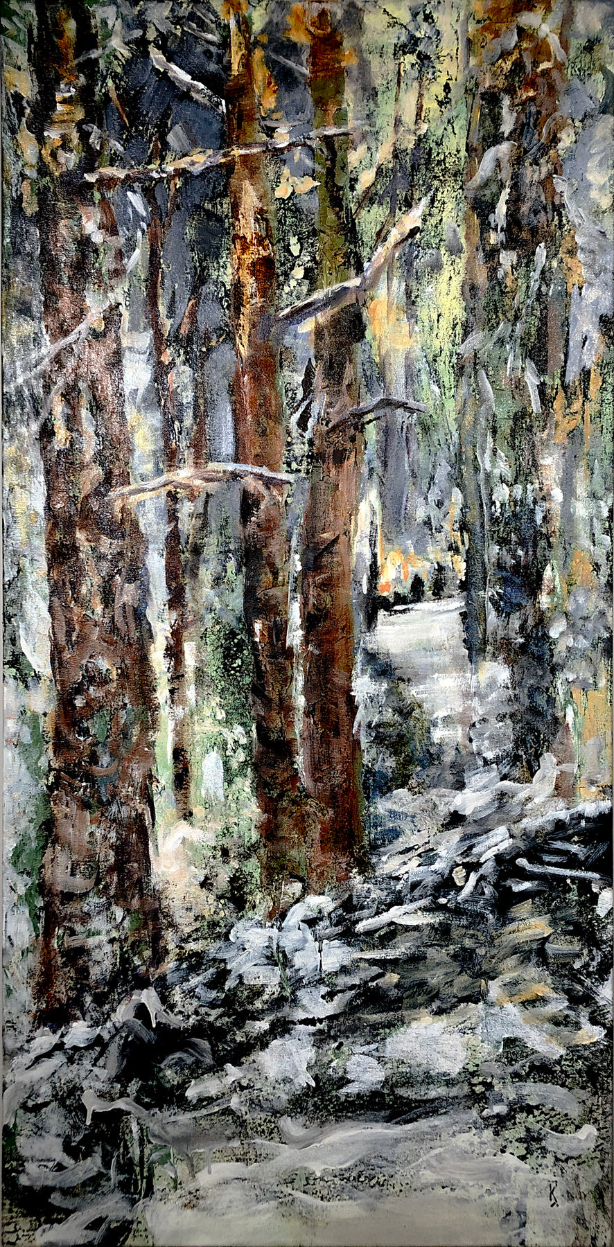 Painting of trees in winter by a trail