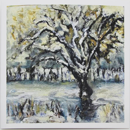 Painting of a bare tree in winter