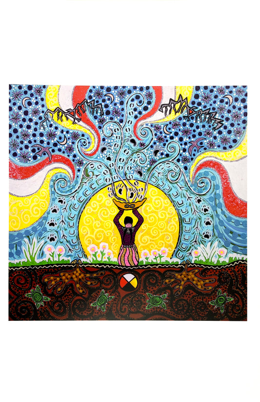 Painting of a woman holding a vessle above her her head against the background of a sun.