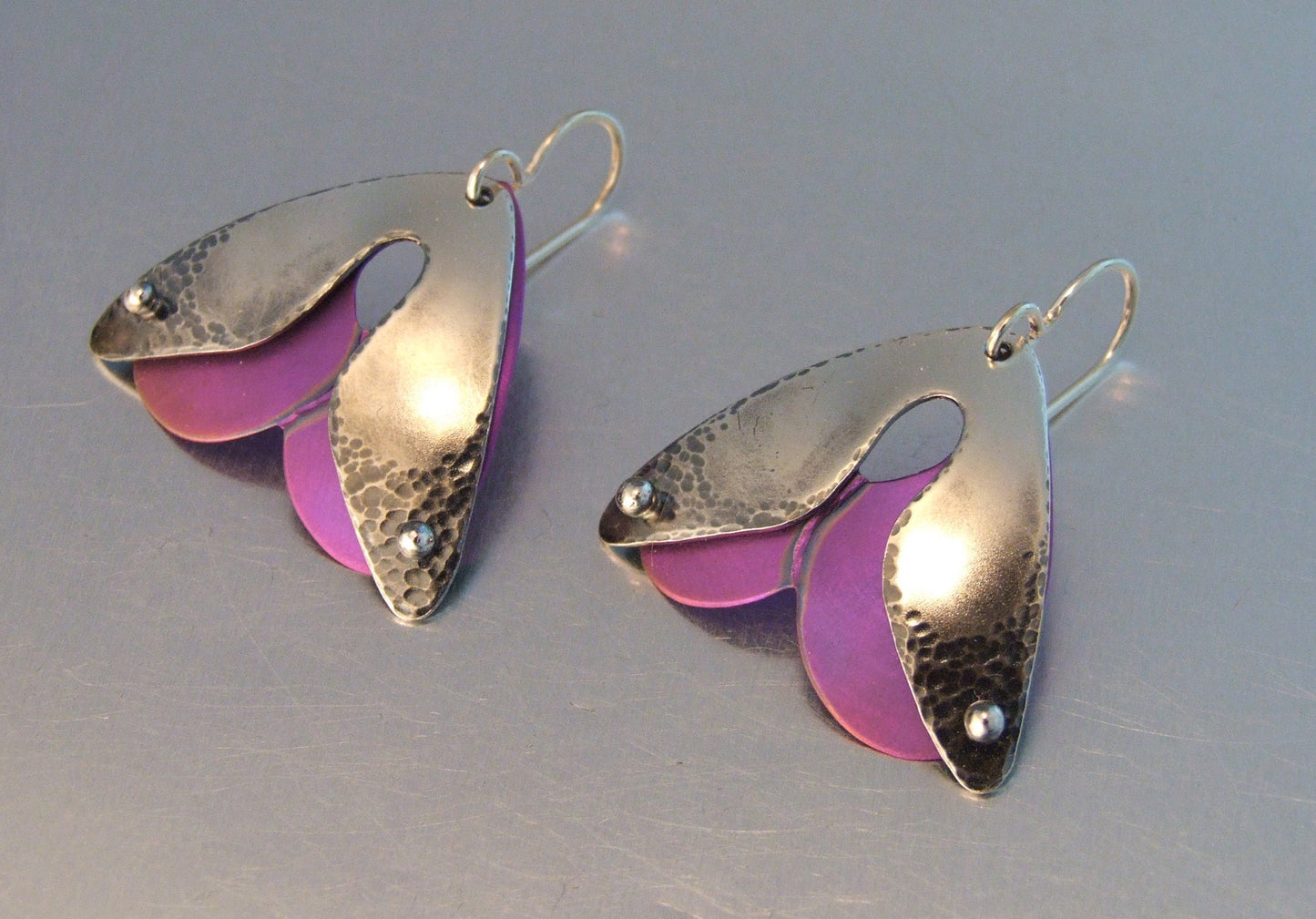 silver and purple moth earrings