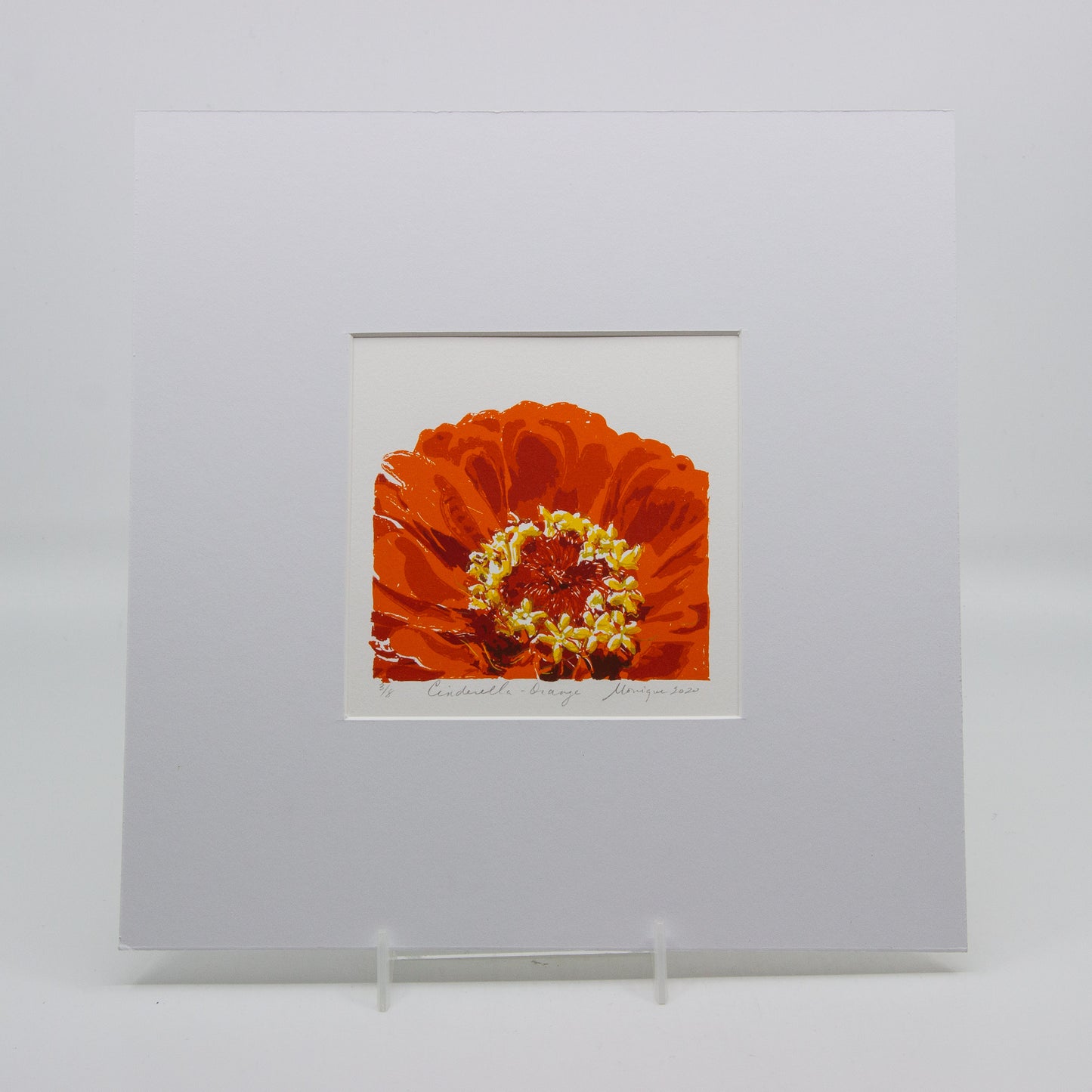 Silkscreen print of an orange gerbera. 3/8