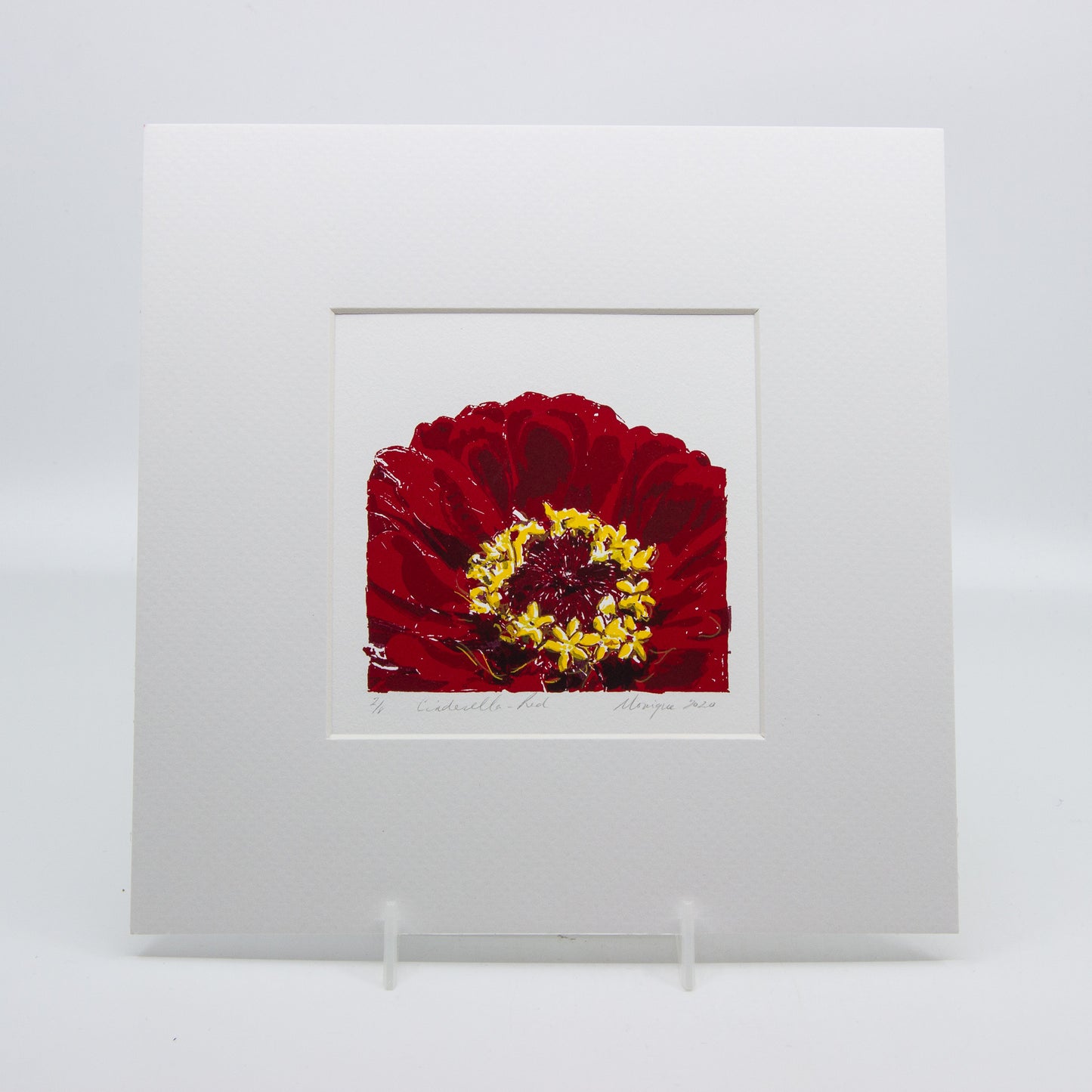 Silkscreen print of a red gerbera. 2/8.