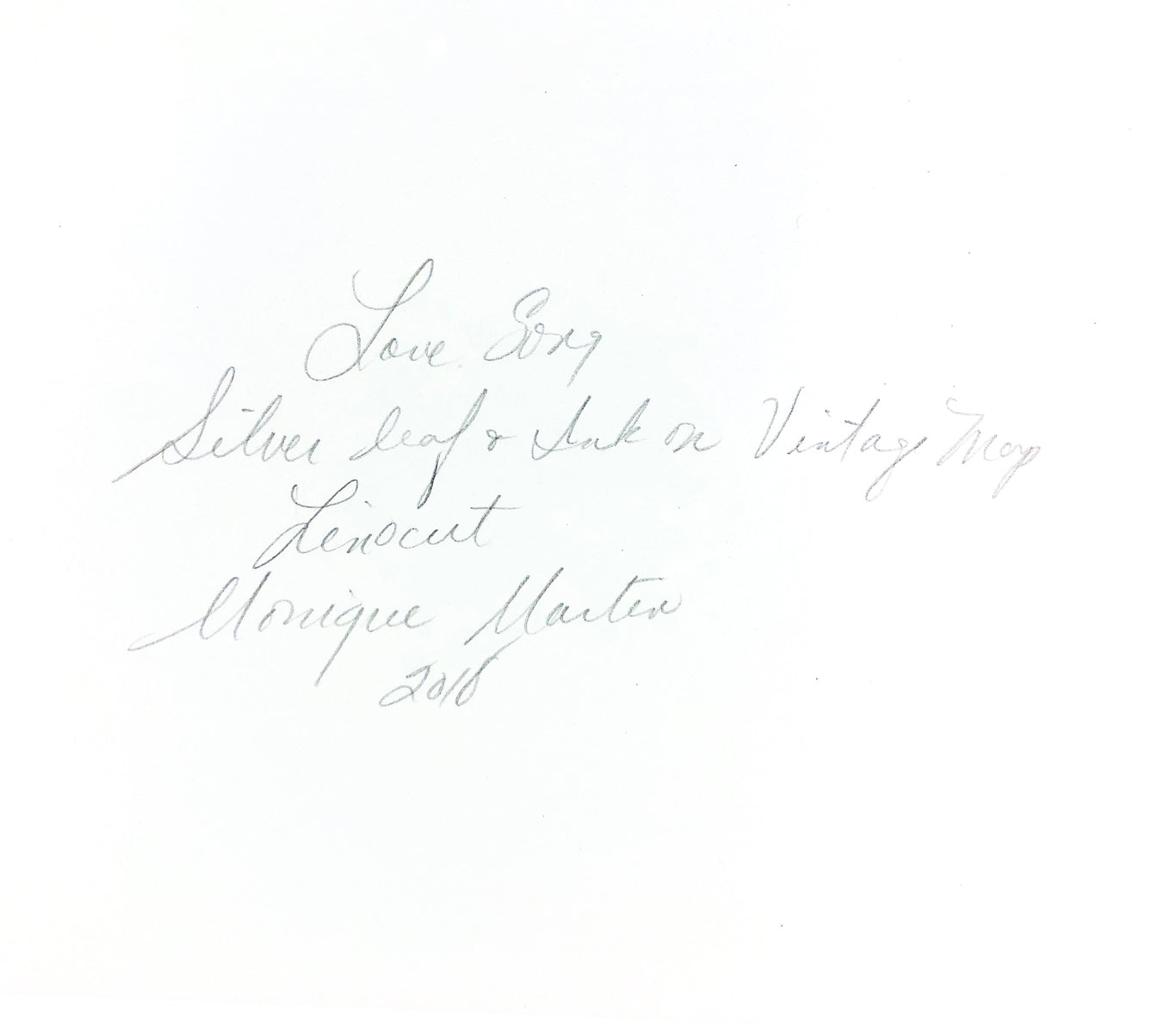 Artist signed back: Love Song / Silver leaf and Ink on Vintage Map / Linocut / Monique Martin / 2018