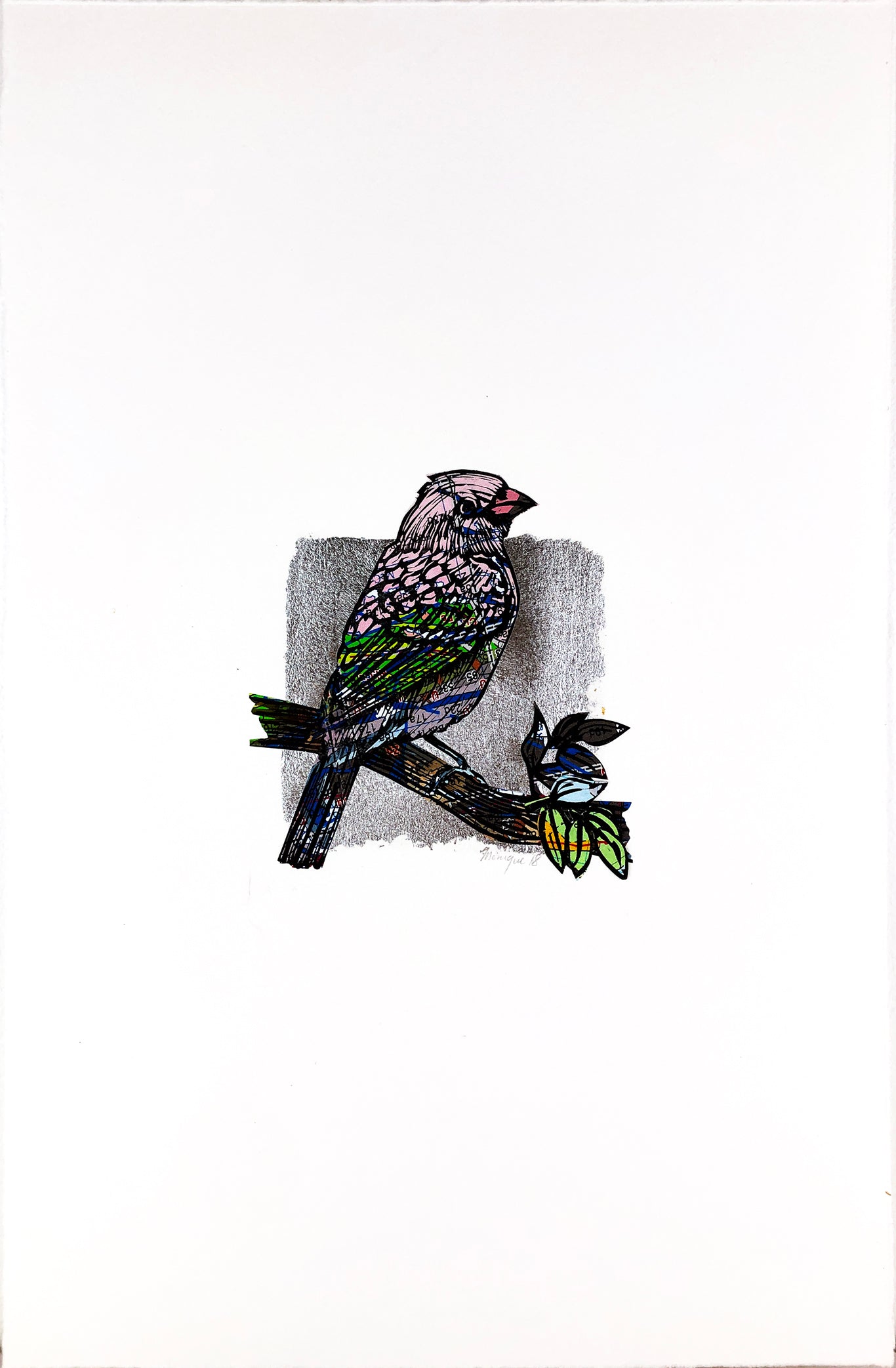 Bird printed on vintage map with silver foil background.