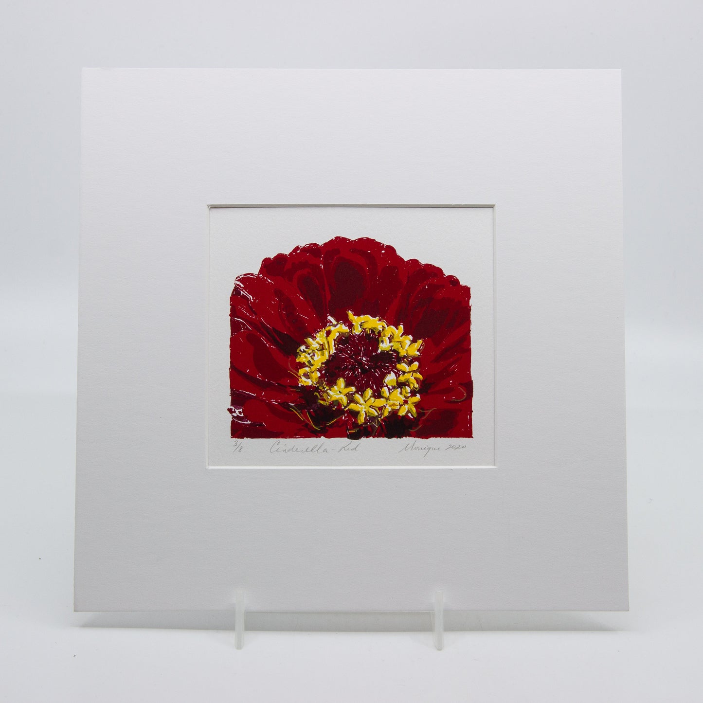 Silkscreen print of a red gerbera. 3/8.