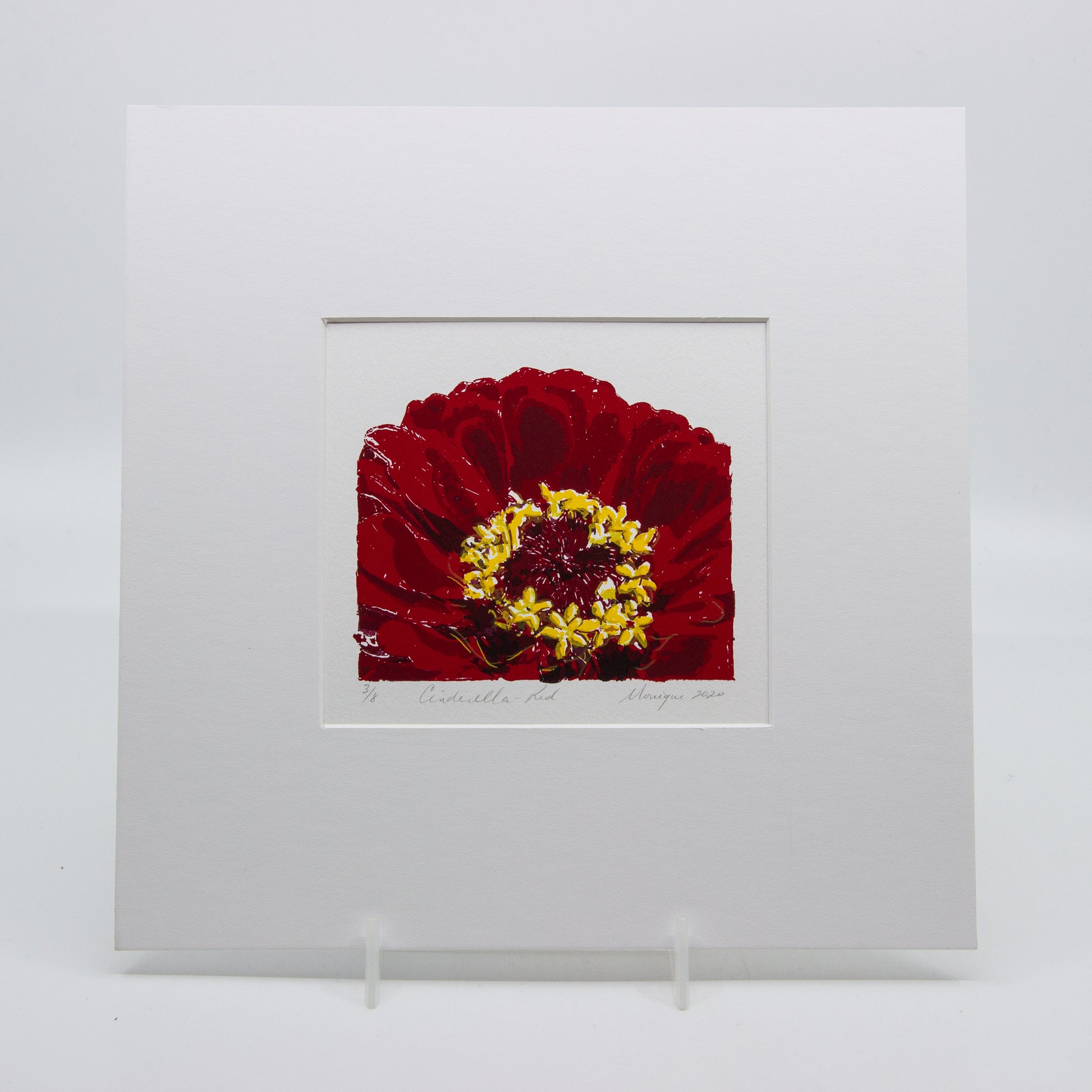 Silkscreen print of a red gerbera. 3/8.