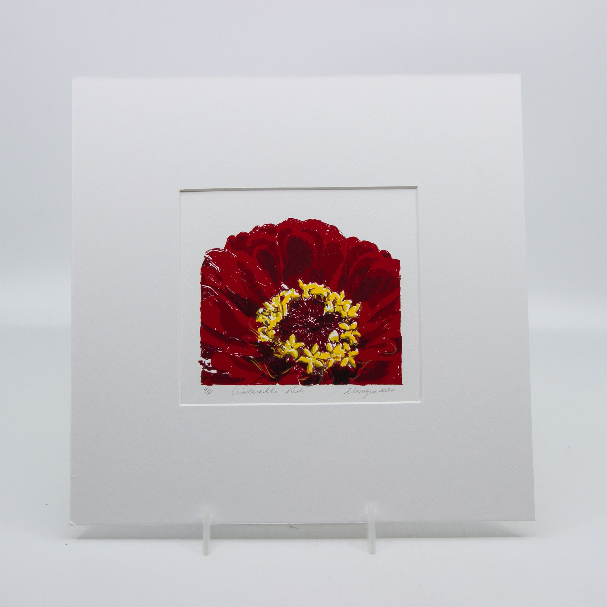 Silkscreen print of a red gerbera. 4/8.