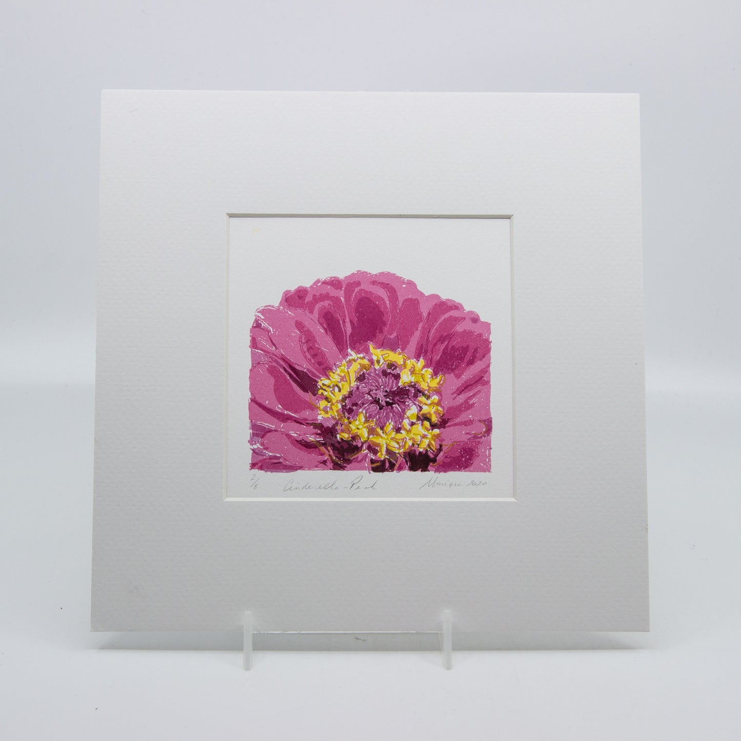 Silkscreen print of a pink gerbera. 2/8.
