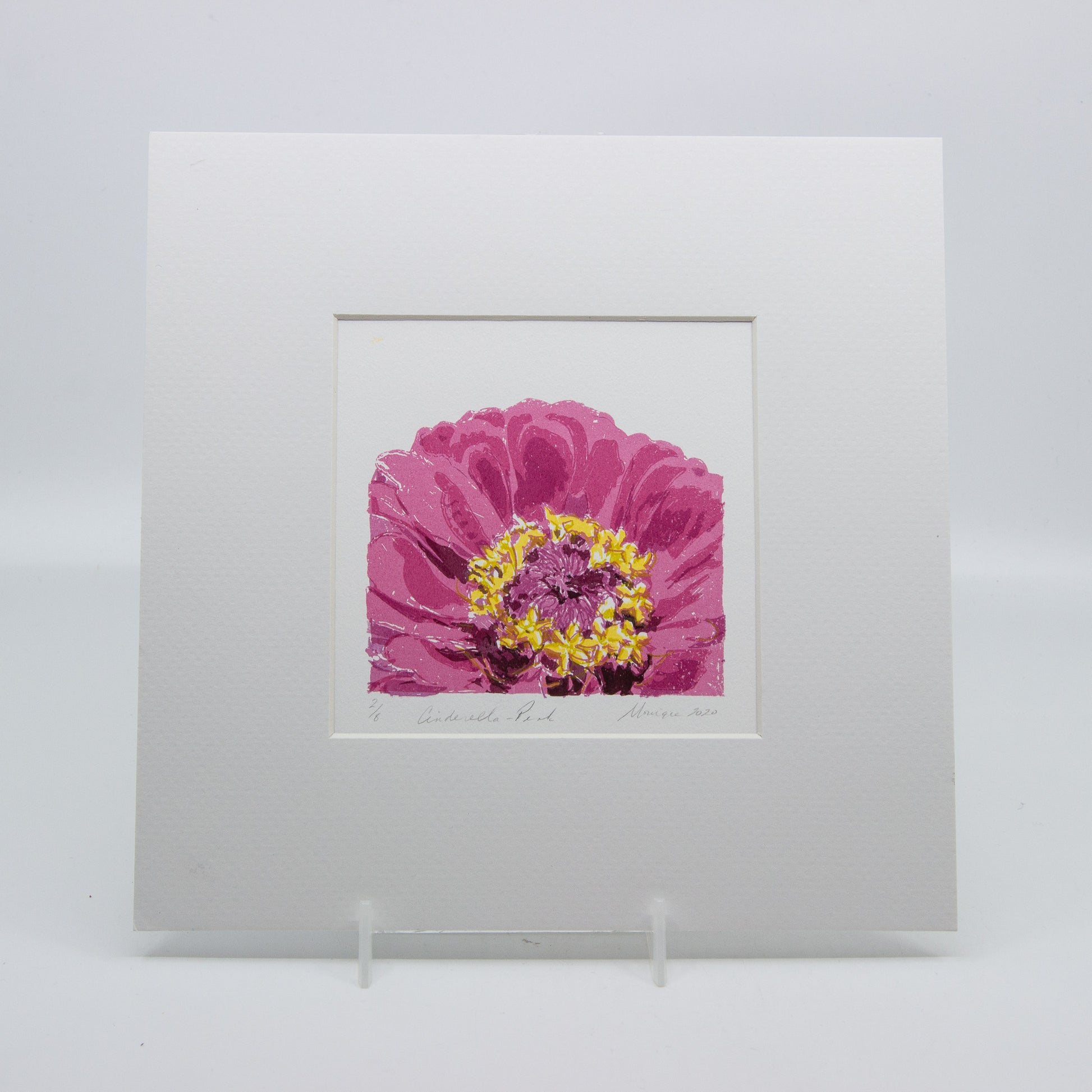 Silkscreen print of a pink gerbera. 2/8.