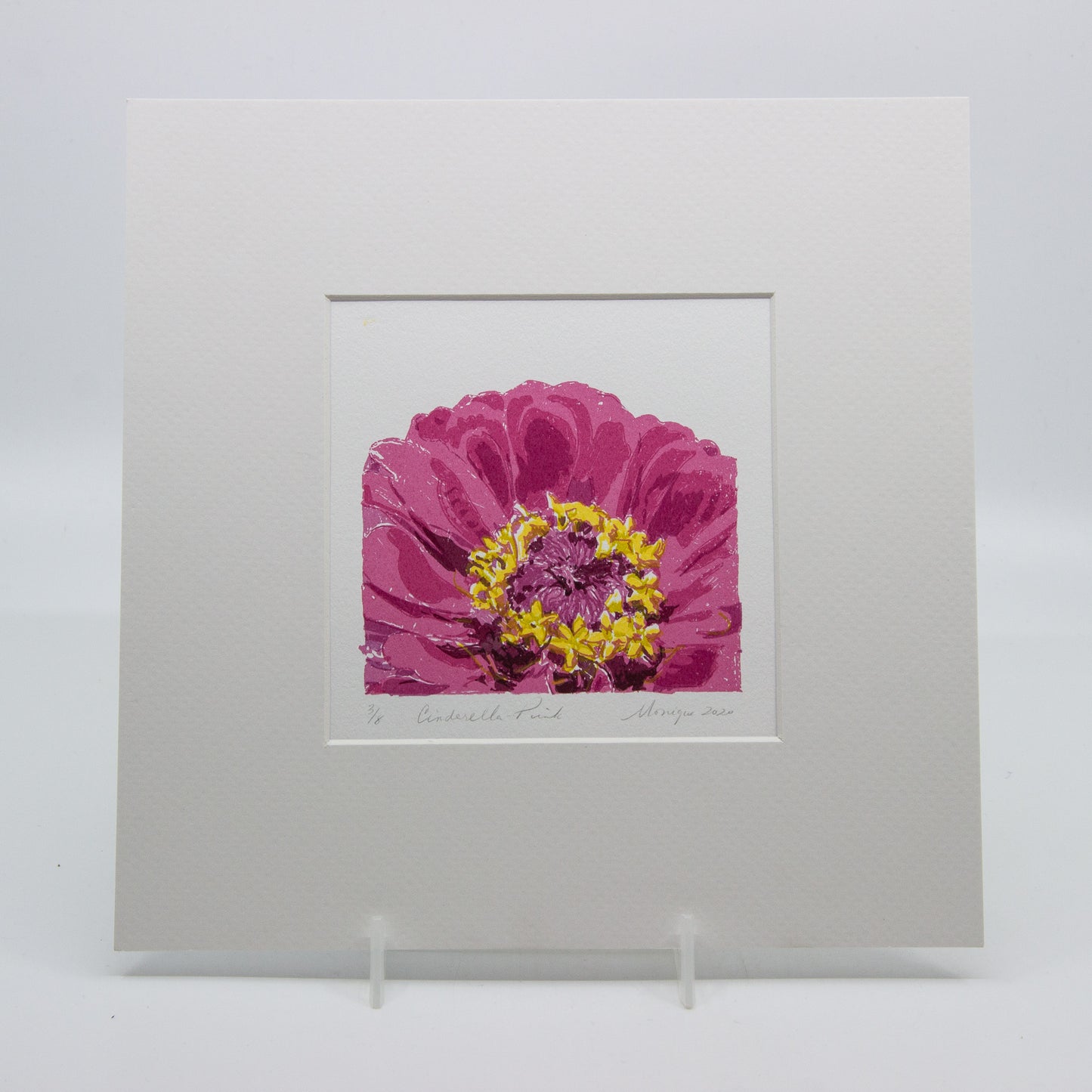 Silkscreen print of a pink gerbera. 3/8.