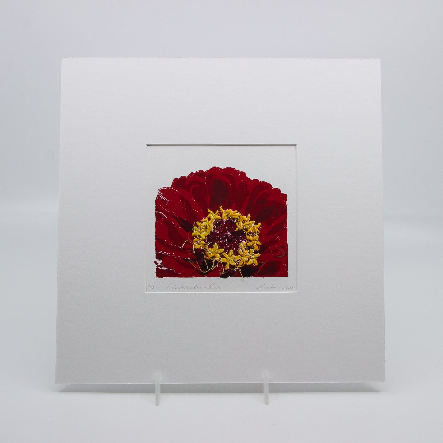 Silkscreen print of a red gerbera. 6/8.
