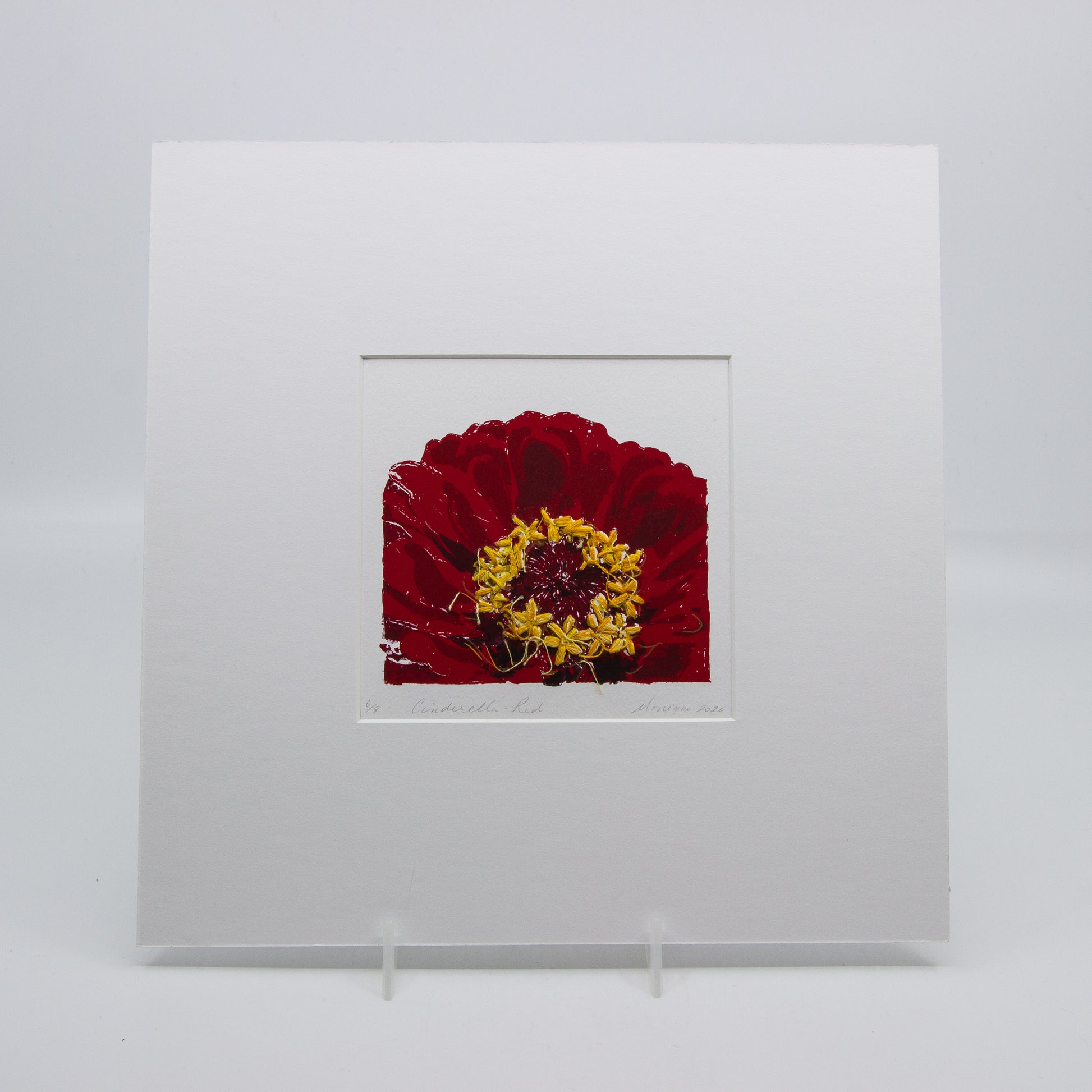 Silkscreen print of a red gerbera. 6/8.
