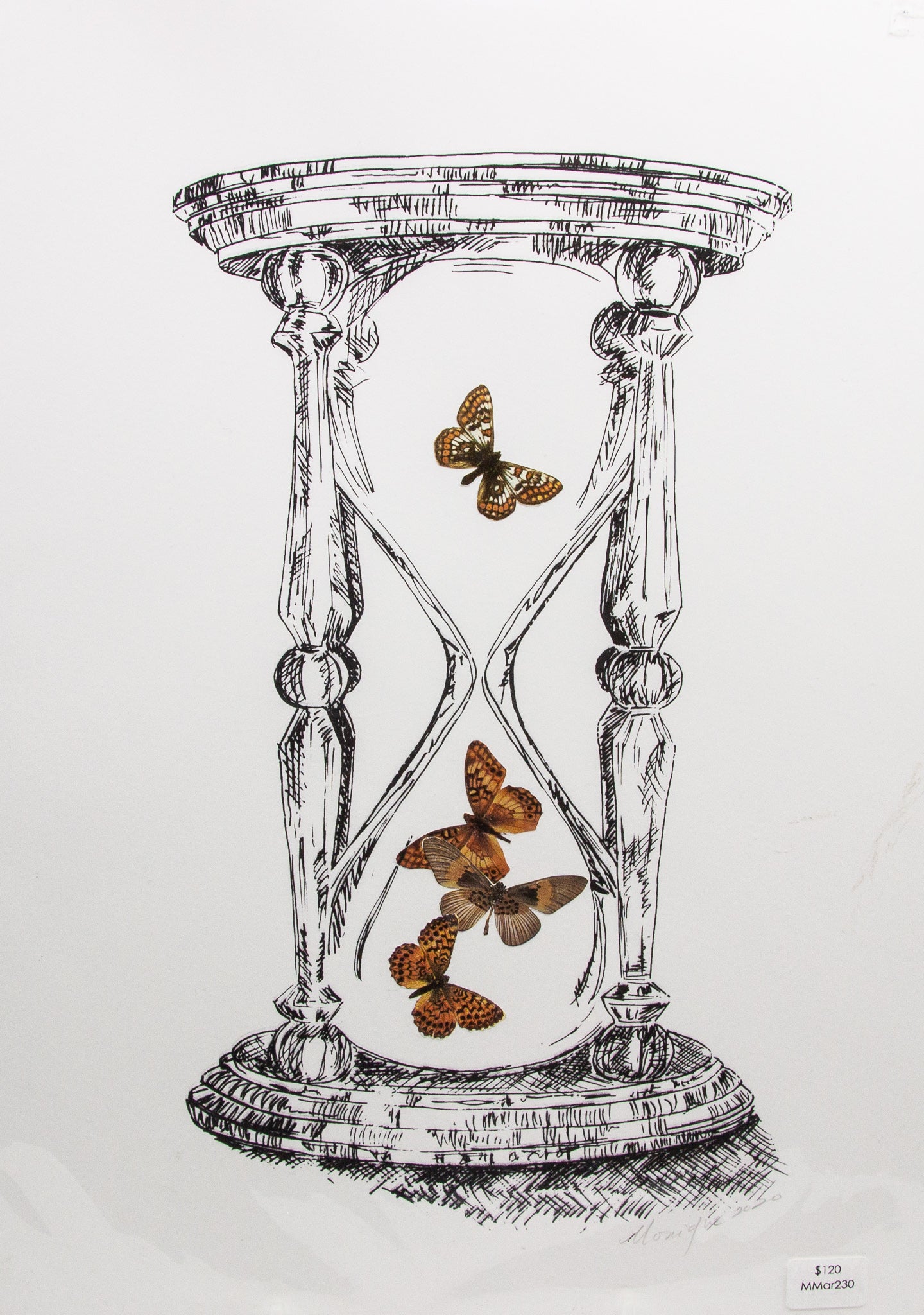 Silkscreen of a hourglass with butterflies inside