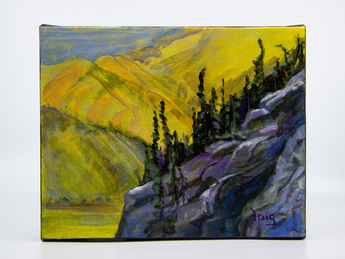 Acrylic painting of mountain cliff with trees