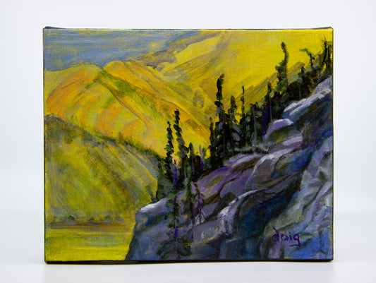 Acrylic painting of mountain cliff with trees