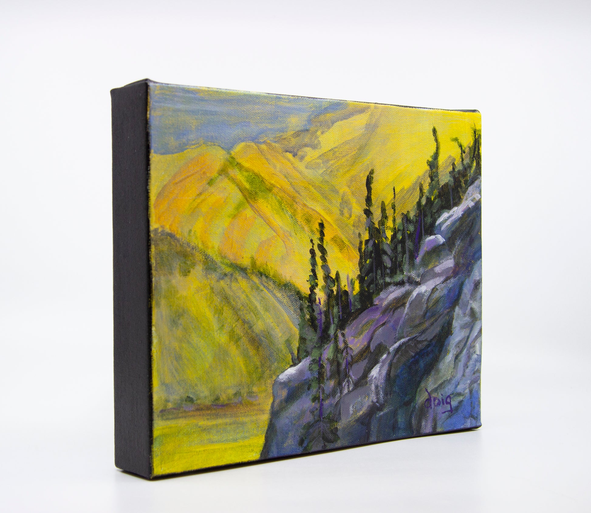 Acrylic painting of grey mountains and trees