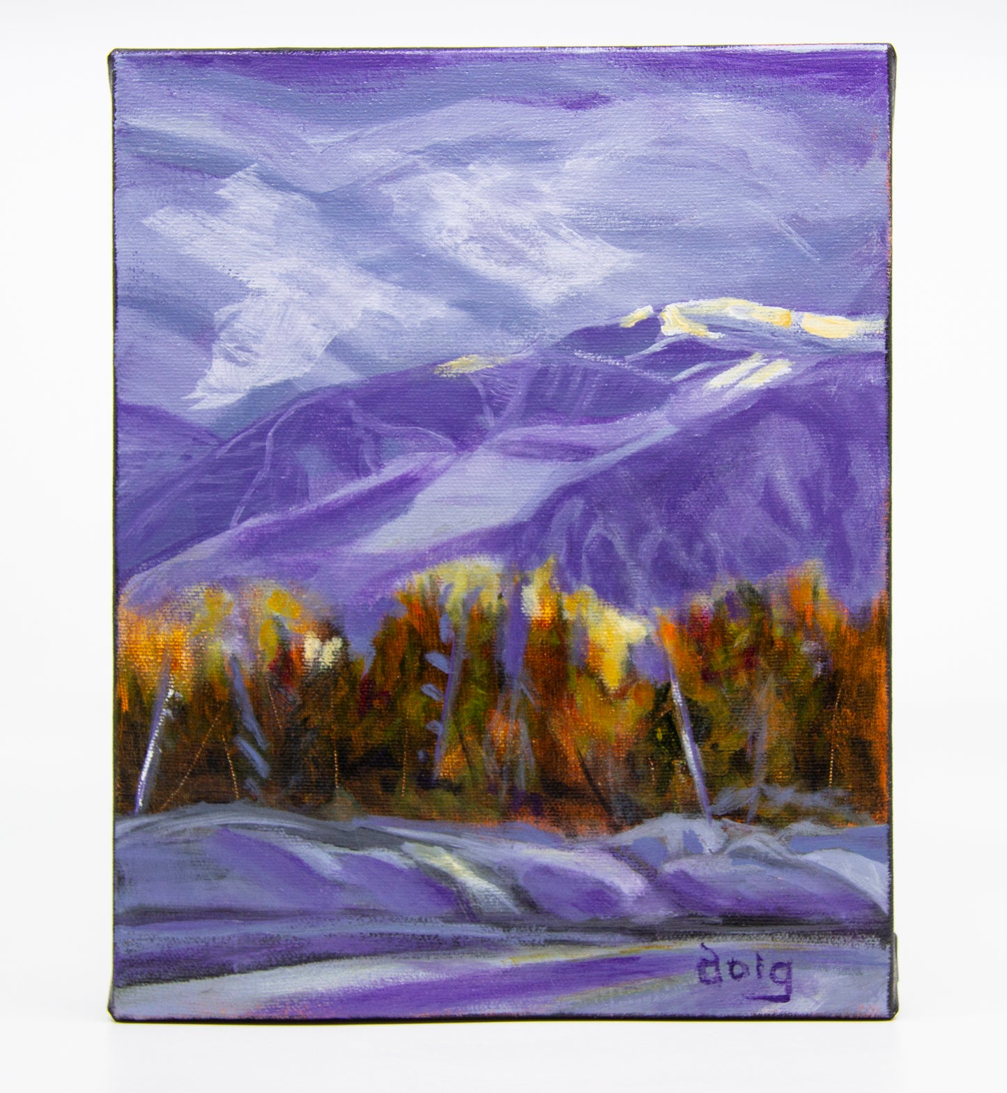 Acrylic painting of blue mountains and orange trees in winter