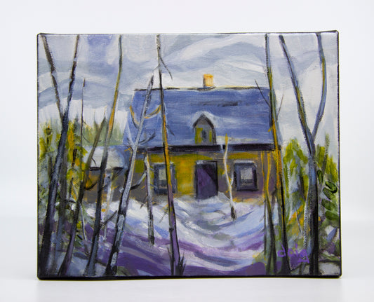 Acrylic painting of a winter yellow cabin in a forest