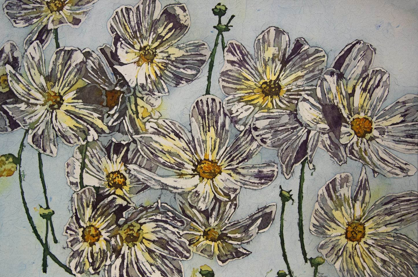 White flowers and stems on blue background