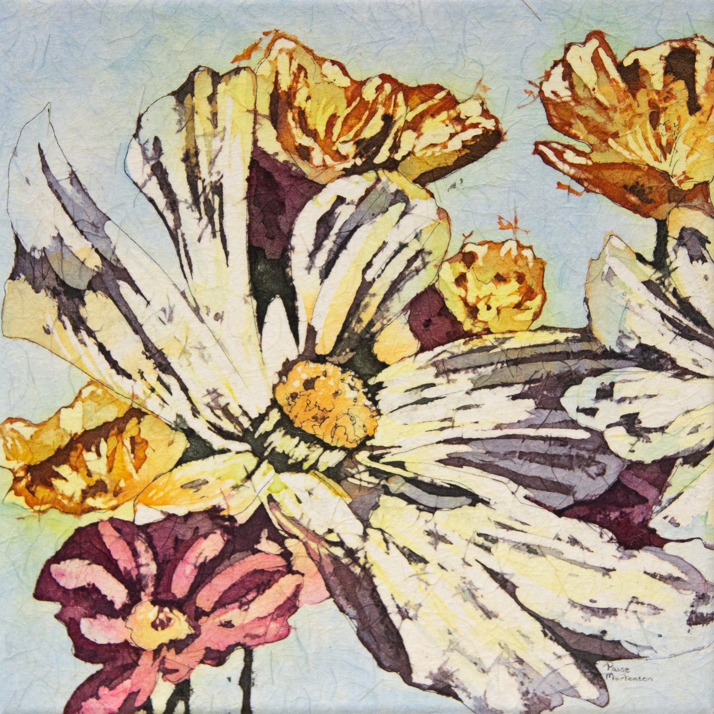 White, orange and pink flowers on blue background