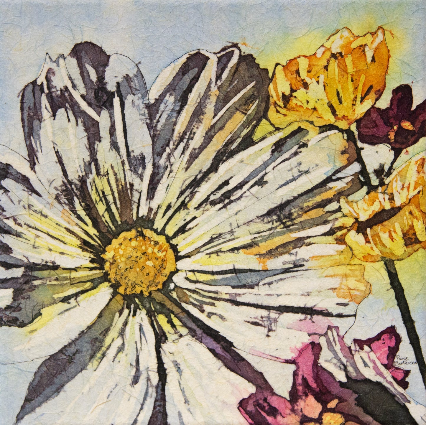 White, yellow, and pink flowers on blue background