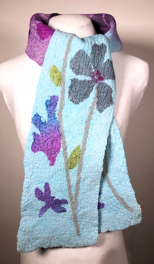 Light blue felted scarf with flowers