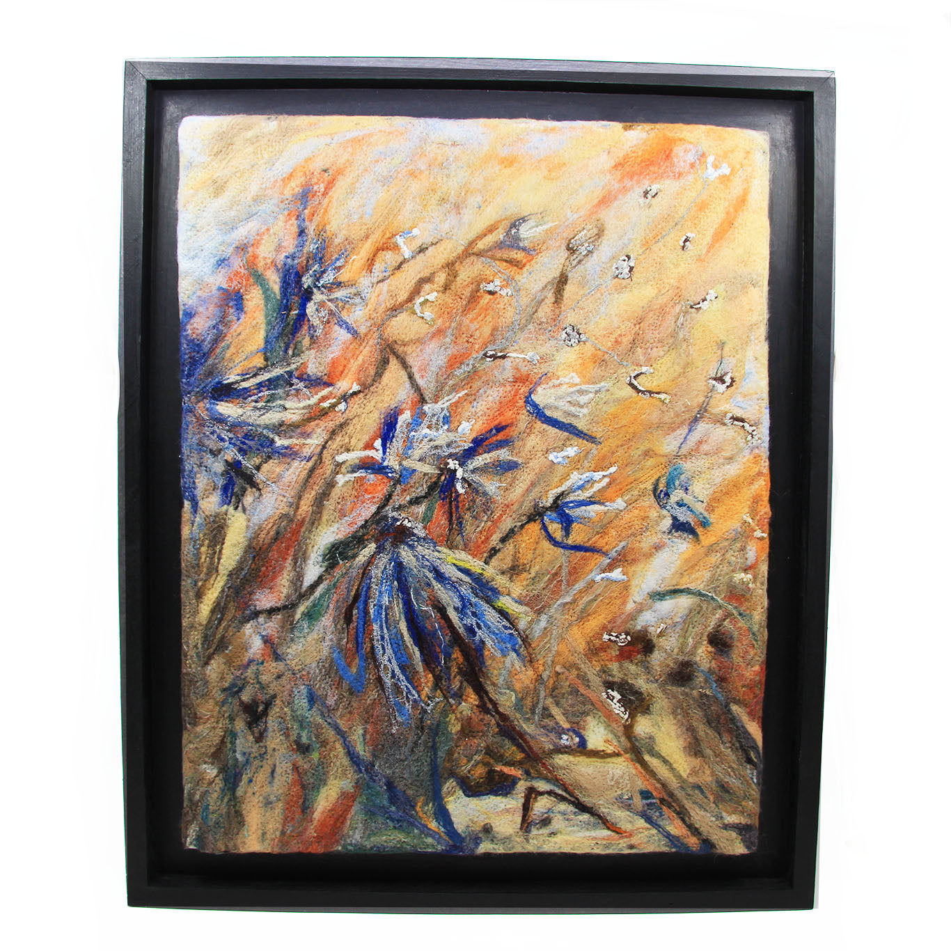 Felted painting of blue echinacea on orange background