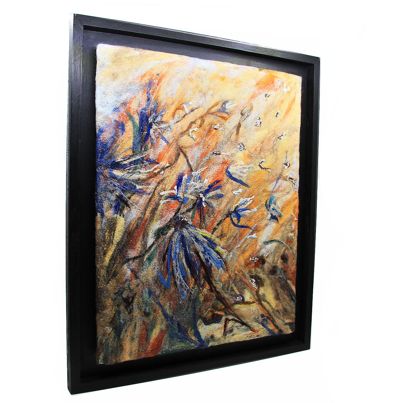 Felted painting of blue echinacea on orange background