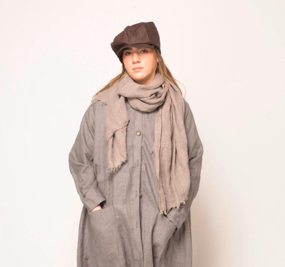 Neutral coloured linen scarf: modeled