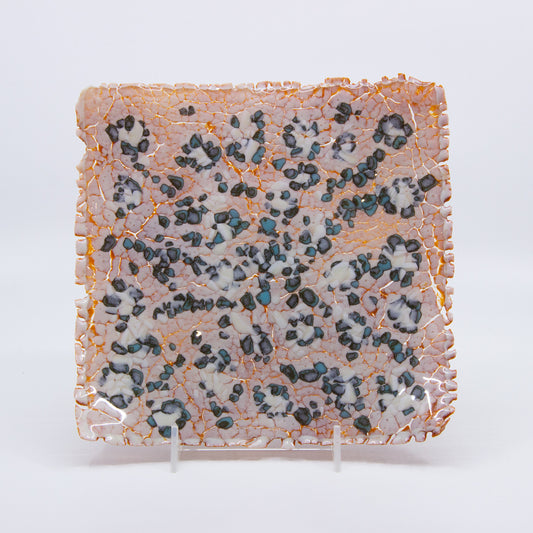 Crackle glass square plate, orange, blue, white