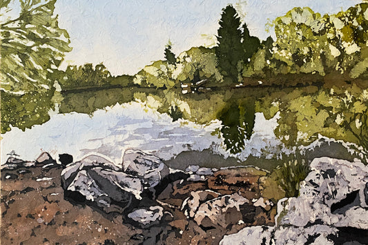 Artistic depiction of a lake with trees and rocks