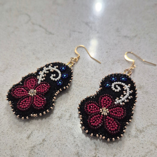 Beaded earings on black deer hide with gold hardware
