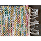 Detail view of a colourful woven rug with fringe 