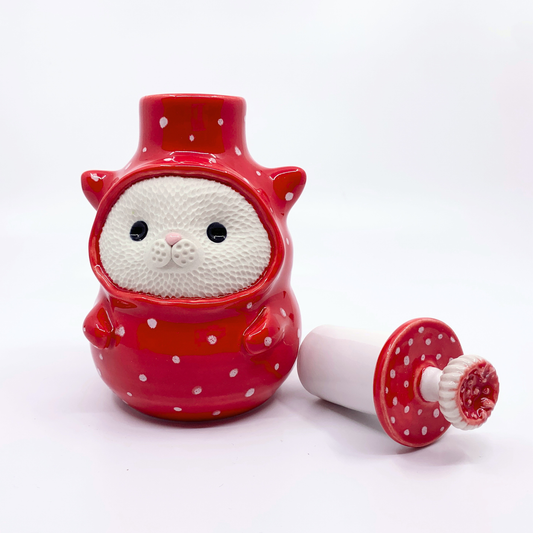 Mushroom Suit Cat Jar with Mushroom Lid