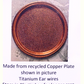A round copper-colored plate with a textured, beaded edge, shown on a light background with descriptive text below stating it is made from recycled copper plate and titanium ear wires.