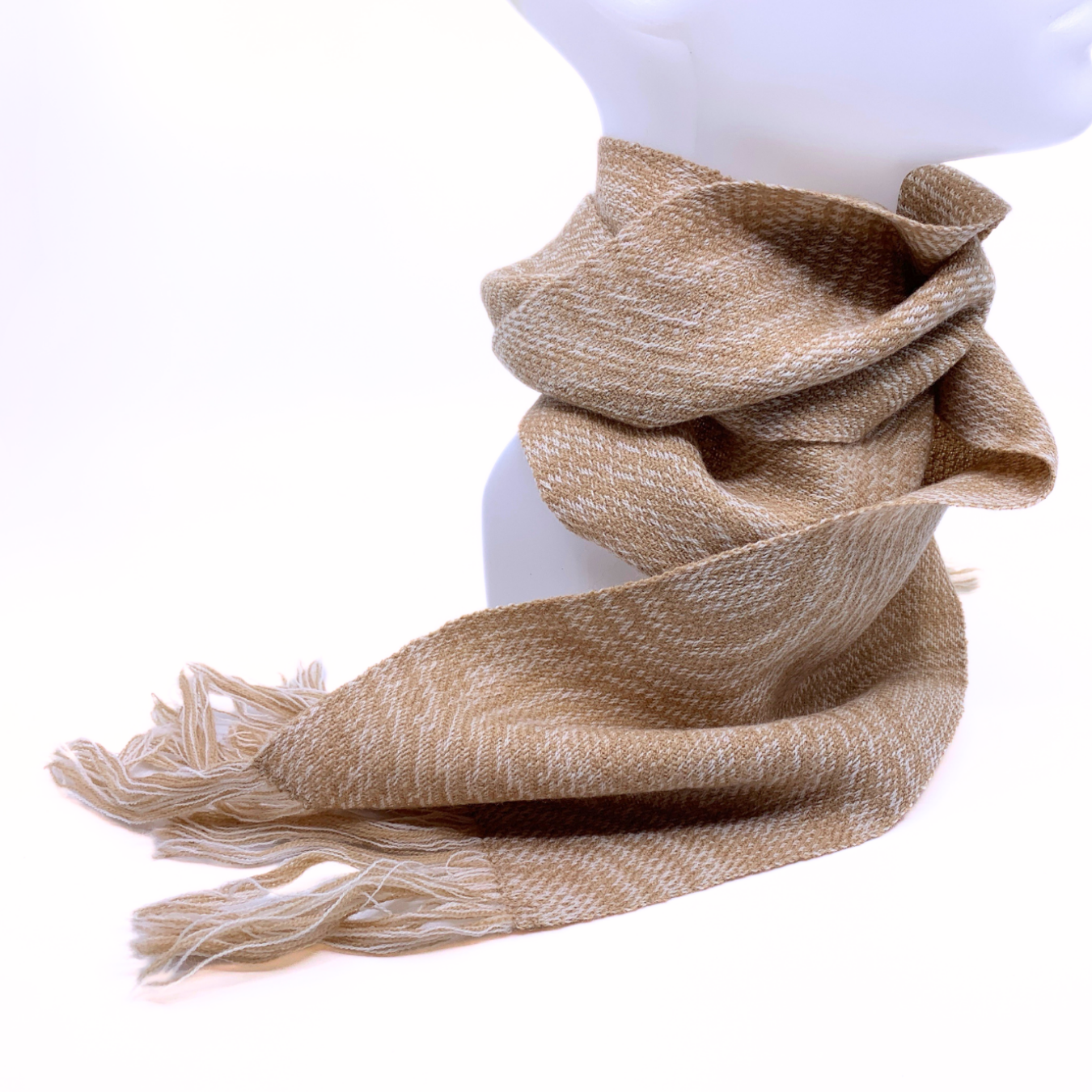 tan and white hand-woven scarf 